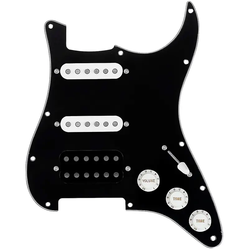 920D Custom HSS Loaded Pickguard For Strat With An Uncovered Cool Kids Humbucker, White Texas Grit Pickups and Black Knobs