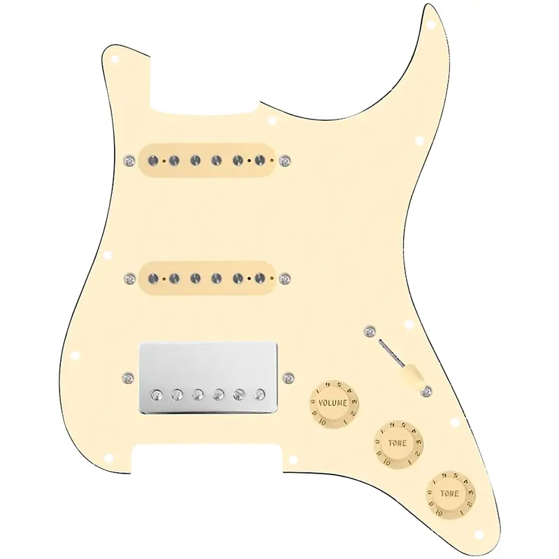 920D Custom HSS Loaded Pickguard for Strat With Nickel Cool Kids Humbucker, Aged White Texas Grit Pickups & Black Knobs