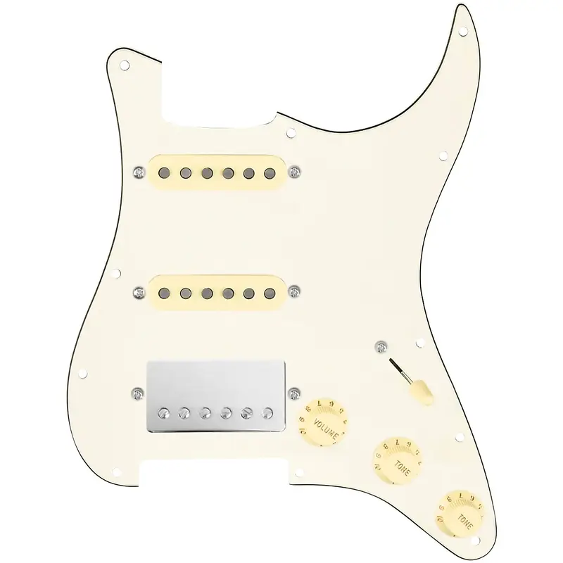 920D Custom HSS Loaded Pickguard for Strat With Nickel Smoothie Humbucker, Aged White Texas Vintage Pickups & Aged White Knobs