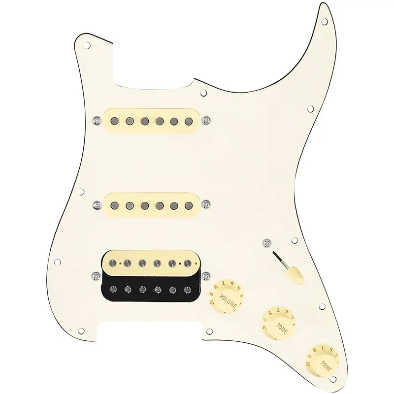 920D Custom HSS Loaded Pickguard for Strat With Uncovered Roughneck Humbucker, Aged White Texas Growler Pickups & Black Knobs