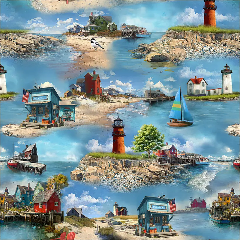 New England Shop Hop 2026 Whistler Studios 55481D-3 Sky Blue Coastal Towns Cotton
