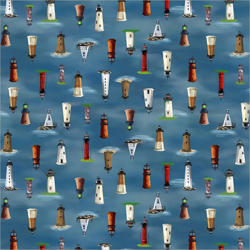 New England Shop Hop 2026 Whistler Studios 55482D-4 Dark Blue Lighthouses Cotton