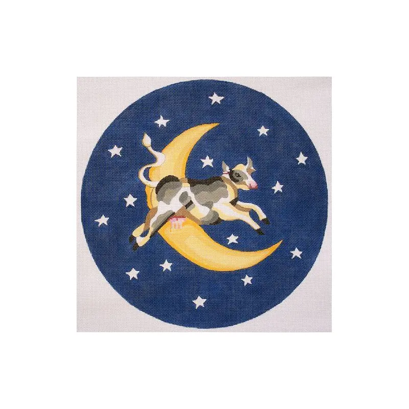 Silver Needle Cow Over The Moon Large Round Needlepoint Canvas